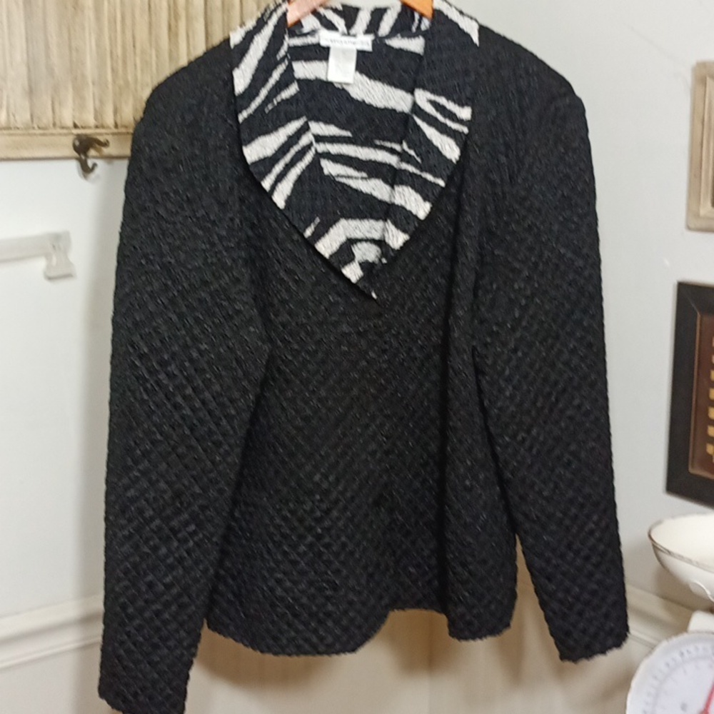 Black Textured Blazer with Zebra Print Collar